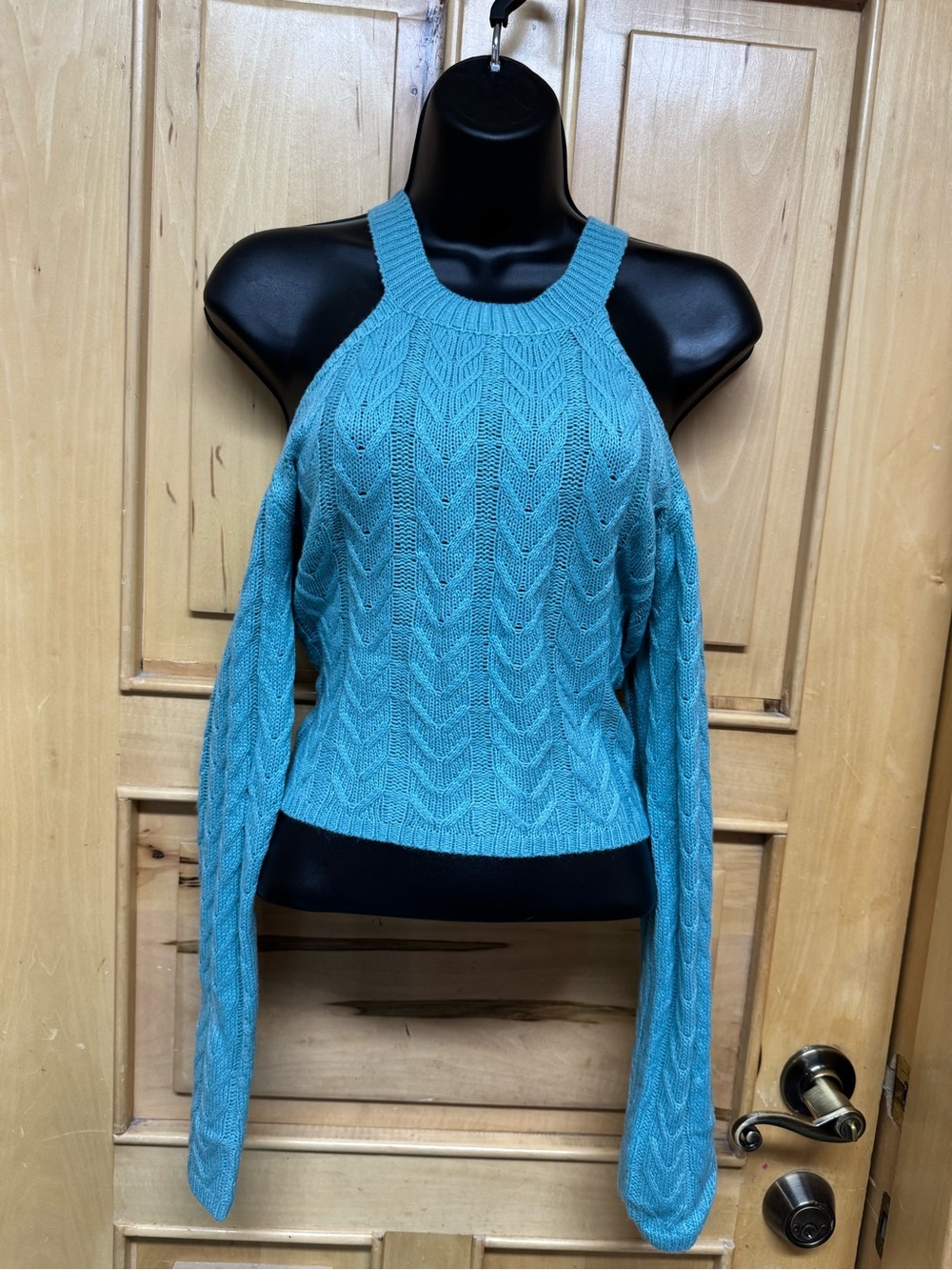 SHEIN Teal Off-Shoulder Cable Knit Sweater